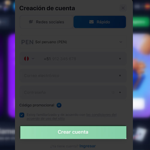 Acepta las condiciones para confirmar tu registro en 1Win